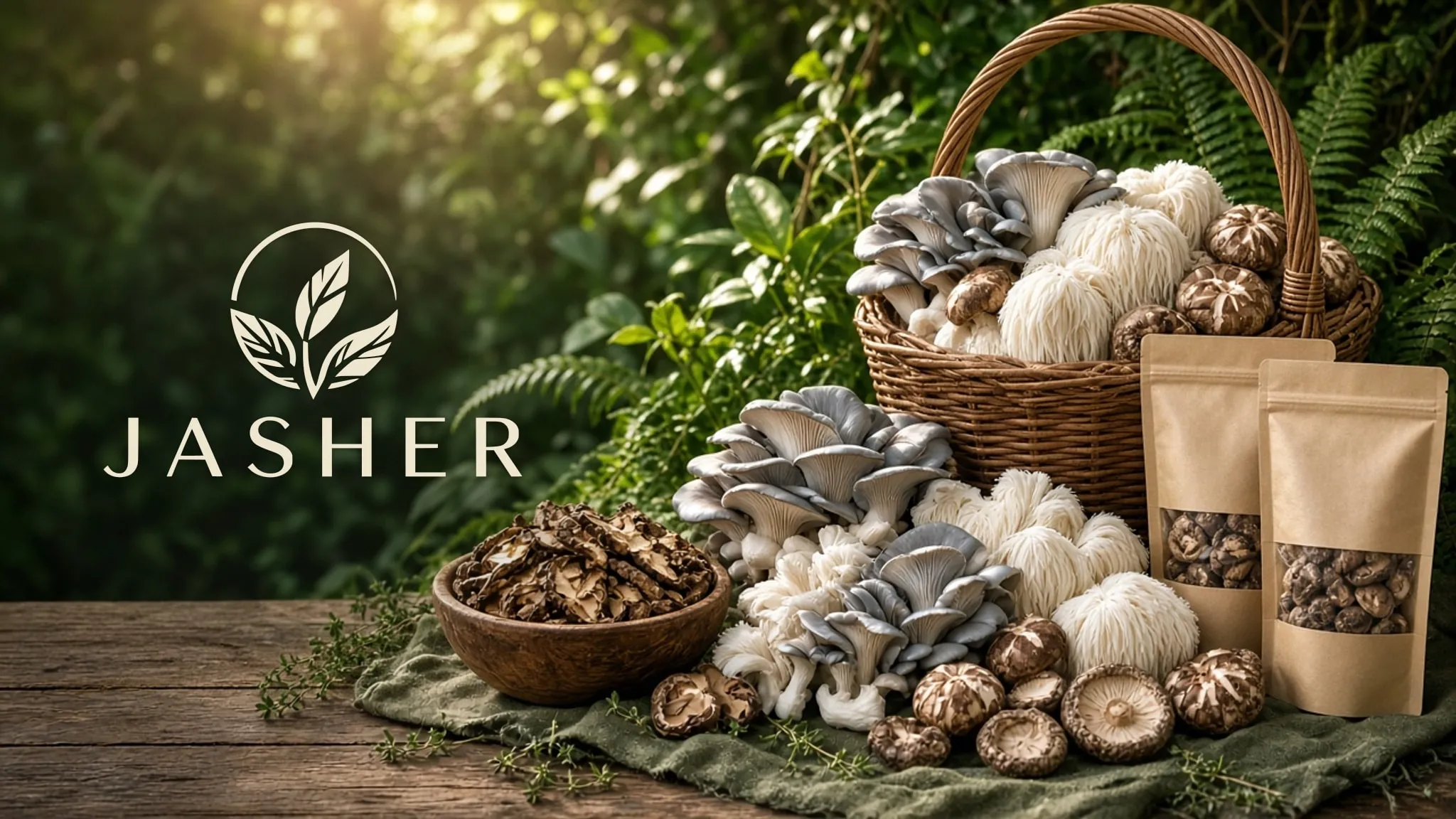 Illustration of a basket of oyster, lion's mane and shiitake mushrooms beside the Jasher logo