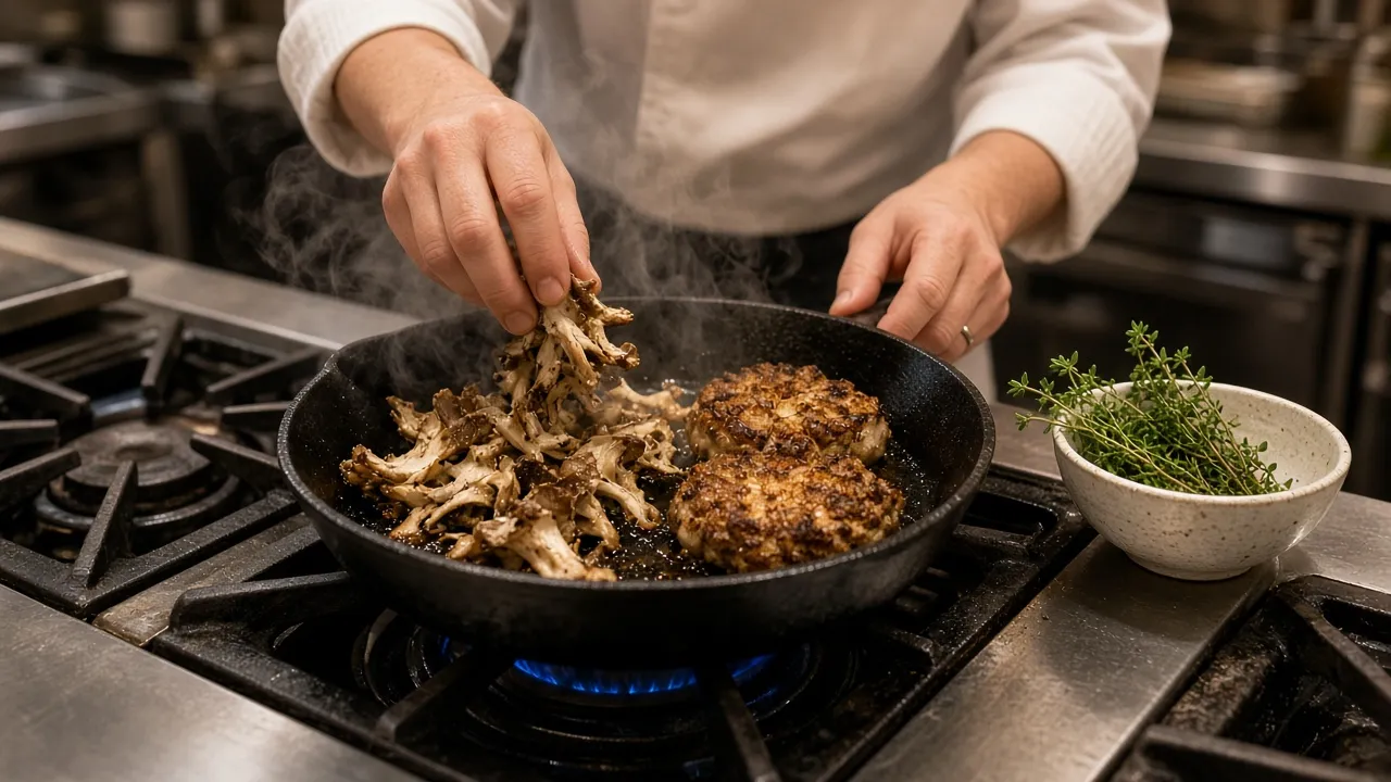 A chef searing oyster and lion's mane mushrooms in a cast iron pan