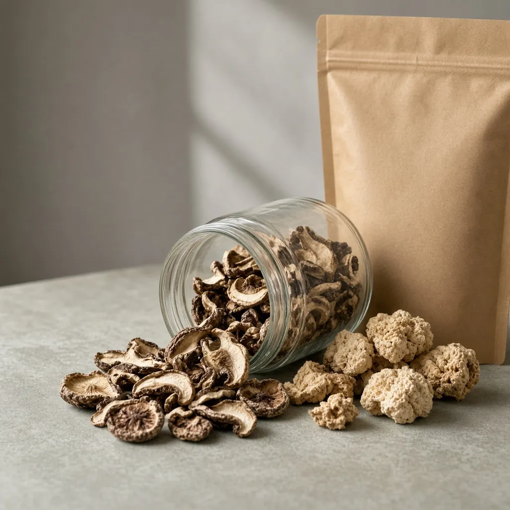 Dried shiitake slices spilling from a glass jar next to a kraft pouch
