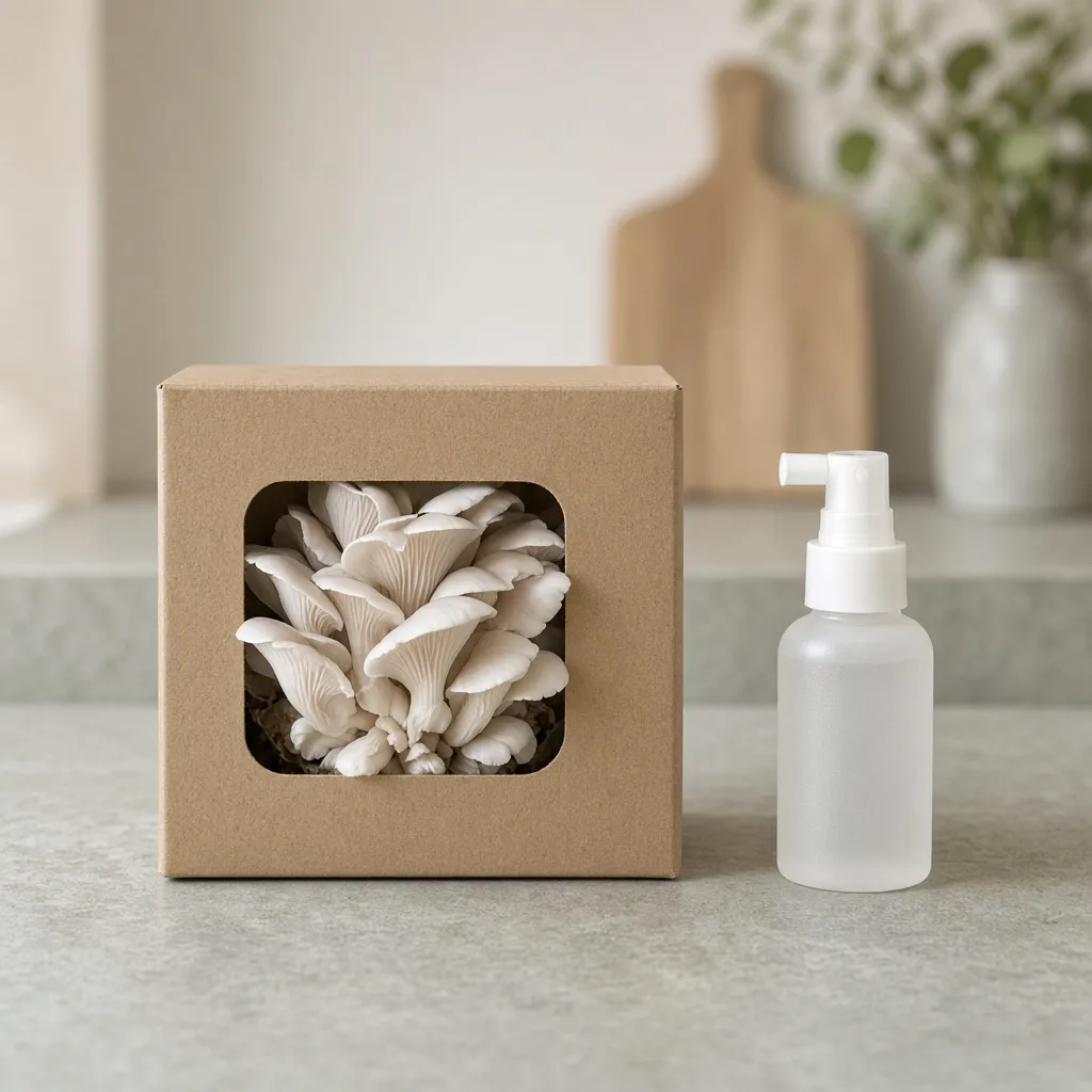 A kraft grow kit box with pearl oyster mushrooms fruiting from its window