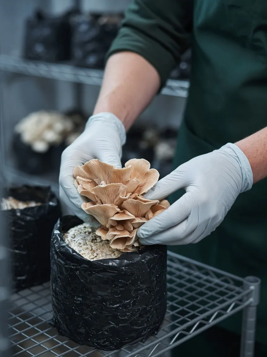 Illustration of gloved hands harvesting oyster mushrooms from a grow bag