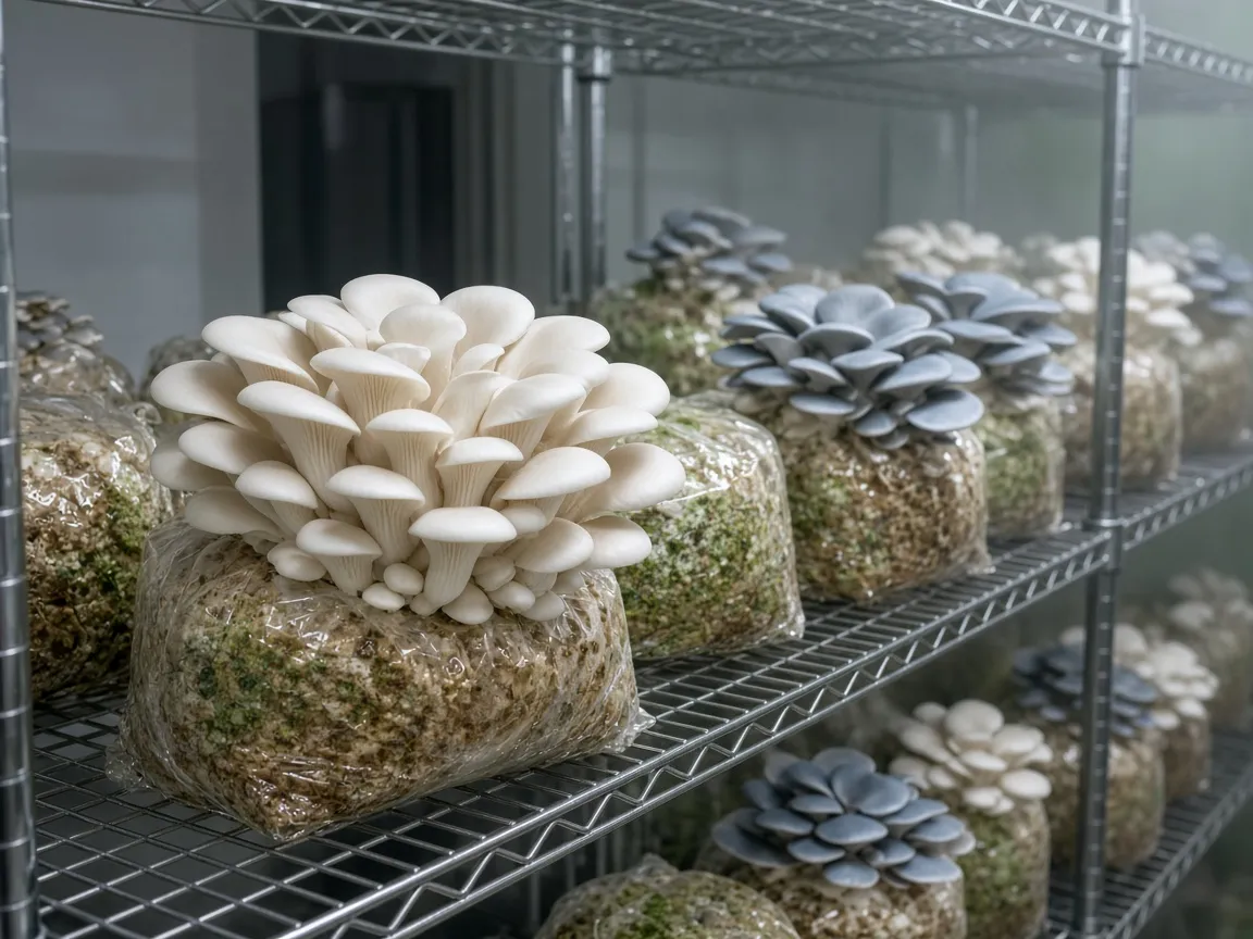 Illustration of oyster mushrooms growing on wire shelves
