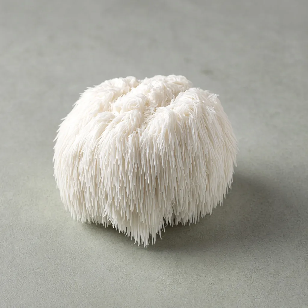 A whole fresh lion's mane mushroom on a grey stone surface
