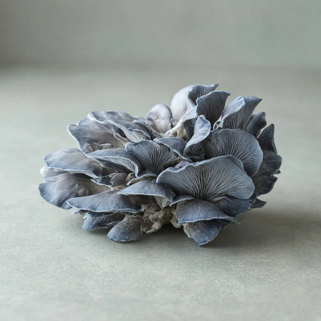 A cluster of fresh blue oyster mushrooms on a grey stone surface