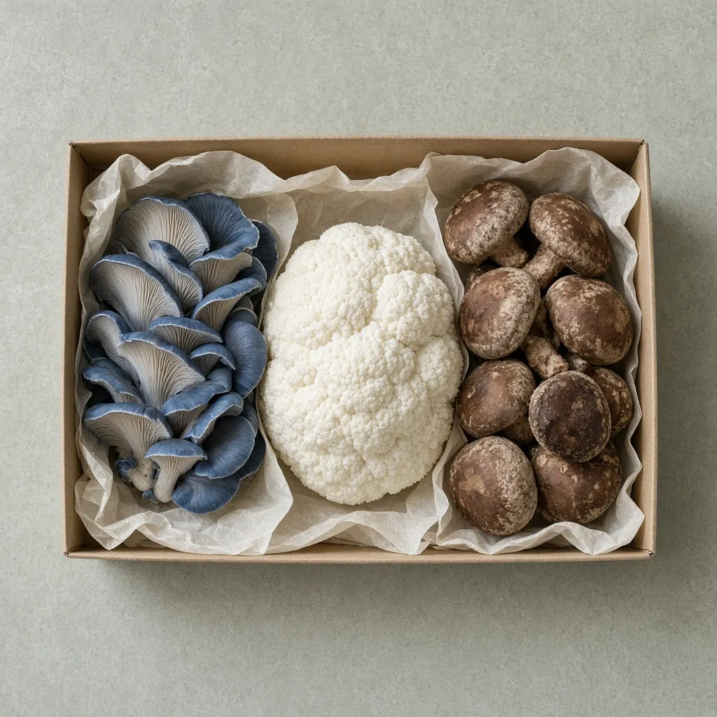 Illustration of a kraft box of mixed fresh mushrooms