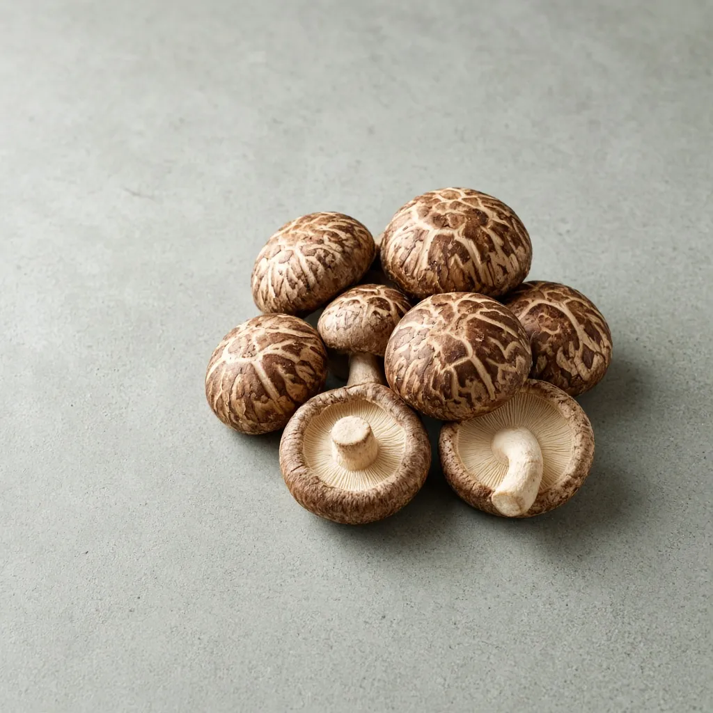 Fresh shiitake mushrooms, some turned over to show the gills